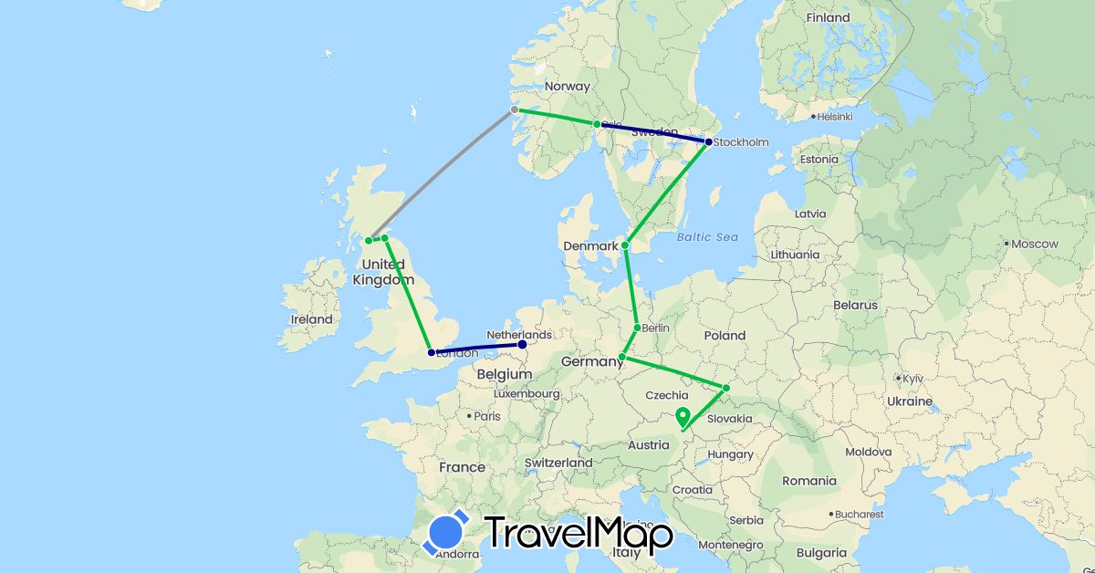 TravelMap itinerary: driving, bus, plane in Austria, Germany, Denmark, United Kingdom, Netherlands, Norway, Poland, Sweden (Europe)